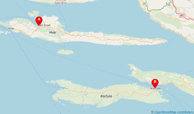 Map of ferry route between Stari Grad (Hvar) and Korcula